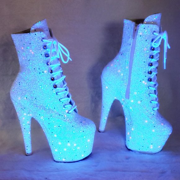 UV White Glow In The Dark Glitter 7" Platform Heel Ankle Boots Adore 1020uvlg - Picture 4 of 16